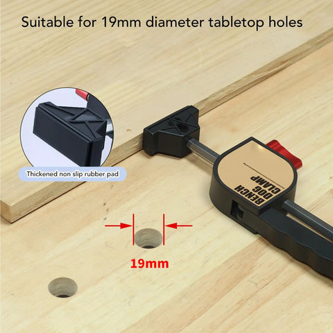 Two Piece Bench Clamp Kit for woodworking showing non-slip jaws and 19mm hole compatibility on wood surface.