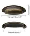 8 Pack 3.5 Inch Center Vintage Farmhouse Cup Pull Handles In Flat Bronze dimensions front and side view with hole center measurement