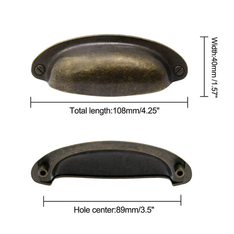 8 Pack 3.5 Inch Center Vintage Farmhouse Cup Pull Handles In Flat Bronze dimensions front and side view with hole center measurement