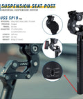 Close-up of Safort Suspension Seatpost for E Bikes 365mm Length with 125mm Travel Four Diameters with safety cap and manual.