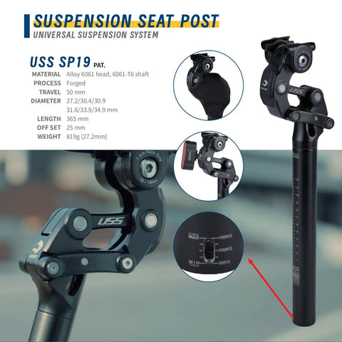 Close-up of Safort Suspension Seatpost for E Bikes 365mm Length with 125mm Travel Four Diameters with safety cap and manual.