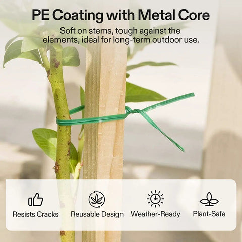 164 Ft PE Coated Green Plant Ties With Cutter securing plant to stake