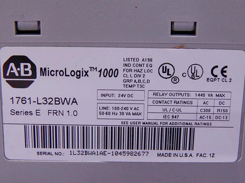 Label of Series E MicroLogix 1000 Programmable Controller 1761-L32BWA for Industrial Automation showing specifications