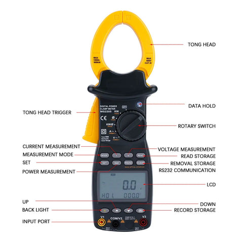 MS2205 Three Phase Clamp Meter With Harmonic Power Tester And Multi Function Digital Multimeter front view with labeled parts
