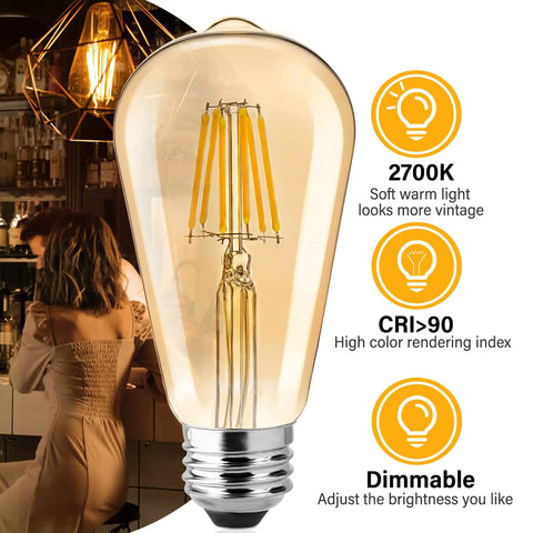 Six Pack Vintage Style LED Edison Light Bulbs, 6W Realistic Filament, 60W Equivalent, Dimmable E26 Base, Warm White 85 Plus CRI, Vintage Vibe