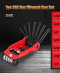 Foldable Hex Key Set With Metric And SAE Allen Wrenches, Pro Grade Chrome Vanadium Steel, Black Oxide Finish, showing SAE sizes