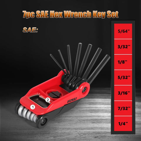 Foldable Hex Key Set With Metric And SAE Allen Wrenches, Pro Grade Chrome Vanadium Steel, Black Oxide Finish, showing SAE sizes