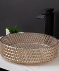 USZWBY Bathroom Vessel Sink, Tempered Glass Vessel Sink round bowl with geometric design on countertop with faucet.