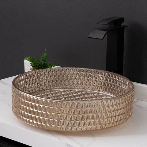 USZWBY Bathroom Vessel Sink, Tempered Glass Vessel Sink round bowl with geometric design on countertop with faucet.
