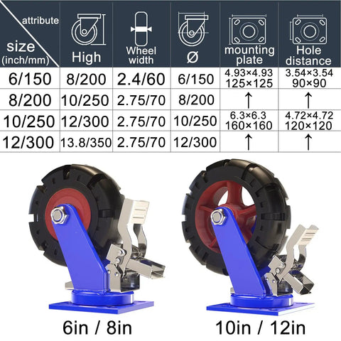 Six and eight inch casters from Four Pack Heavy Duty Swivel Plate Caster With Brakes Rock Solid 3300 Lbs Load Capacity 0.4 Inch Steel Plate