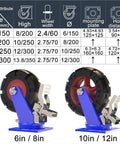 Set Of 4 Heavy Duty Swivel Caster Wheels With Brakes Solid Rubber Industrial Floor Casters For Racks And Cart Tops 5500 Lb Load Capacity - 6in and 10in wheels with blue steel bases