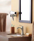 Bathroom showing Voss 18-Inch Towel Bar in brushed nickel, mounted near mirror, with brown towels, no-fuss install with template, durable.