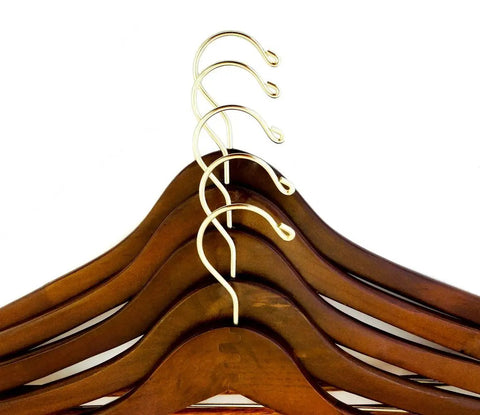 Premium Wooden Hangers Set Of Five Curved Shoulder Hangers With Gold Hooks And Locking Bar Heavy Duty Coat Hanger For Suits And Travel No Slip Pants Bar