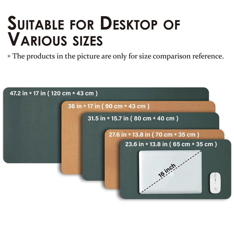 Various size dual sided desk mats in dark green and cork for desktop comparison