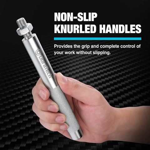 DURATECH ball joint separator tool with knurled silver metal handle held in hand