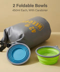 10L Dog Food Travel Bag With Collapsible Bowls for On-The-Go Kibble, shown with 450ml foldable blue and green bowls, camping storage kit