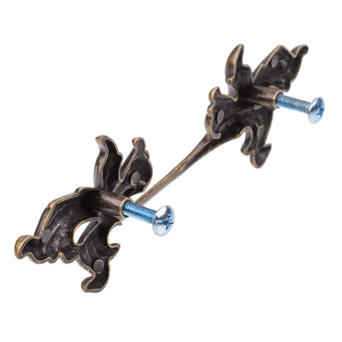 French Provincial Grape Leaf Drawer Pull in antique brass finish, close-up view showing 3 inch centers, die-cast zinc hardware.