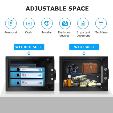 0.6 Cubic Foot Digital Safe with Electronic Keypad and Removable Shelf for Valuables Jewelry and Documents, interior views shown.