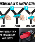 Diagram showing Car Seat Buckle Release Tool For Easy Unbuckling On 5 Point Harnesses, Thumb Pain Relief And Nail Saver, with keychain.