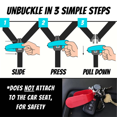 Diagram showing Car Seat Buckle Release Tool For Easy Unbuckling On 5 Point Harnesses, Thumb Pain Relief And Nail Saver, with keychain.