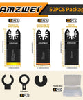 AMZWEI 50PCS oscillating blade kit; 5 titanium metal blades, 25 curved-edge, 20 HCS wood blades; adapters and case