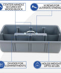 Heavy Duty Multiuse Tote Tray With Six Dividers For Organizing Your Garage Tools Cleaning Supplies And Plumbing Gear In A Tough Portable Plastic Organizer With Handy Handle 25.75 Inch By 13.5 Inch By 6.5 Inch featuring center handle and dividers.