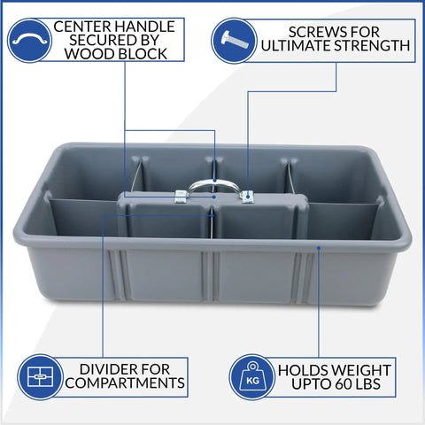 Heavy Duty Multiuse Tote Tray With Six Dividers For Organizing Your Garage Tools Cleaning Supplies And Plumbing Gear In A Tough Portable Plastic Organizer With Handy Handle 25.75 Inch By 13.5 Inch By 6.5 Inch featuring center handle and dividers.