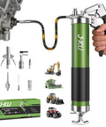 J-KU 14 oz grease gun kit, green metal body, pistol grip, air bleed valve, flexible hose, 6 nozzles
