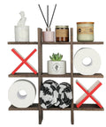 Tic Tac Toe Toilet Paper Holder Stand With Rustic Farmhouse Wood Decor With Vibe Freestanding or Wall Mounted Storage Shelf filled with items.