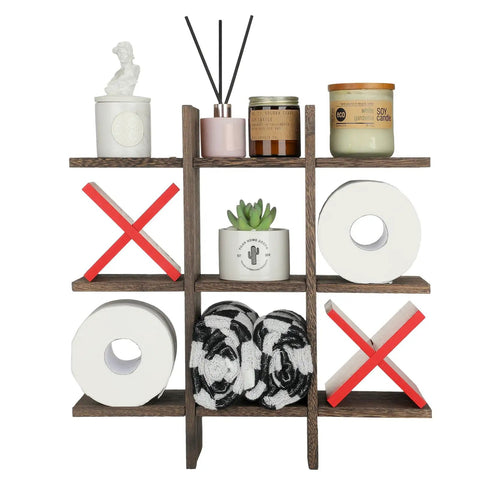 Tic Tac Toe Toilet Paper Holder Stand With Rustic Farmhouse Wood Decor With Vibe Freestanding or Wall Mounted Storage Shelf filled with items.