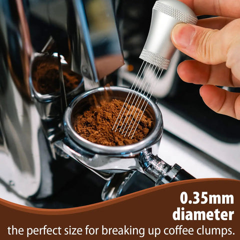 Close-up of barista using Pro Espresso Distribution Tool For Baristas With Fourteen Needles Kit, 0.35mm Diameter, in portafilter.