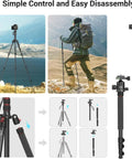 Beast 71 Inch Foldable Aluminum Camera Tripod With Detachable 360 Degree Ball Head shown in tripod and monopod setup