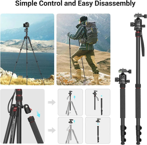 Beast 71 Inch Foldable Aluminum Camera Tripod With Detachable 360 Degree Ball Head shown in tripod and monopod setup