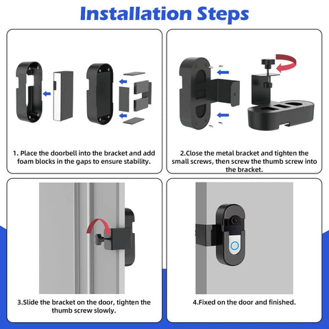Diagram showing installation steps for Anti Theft Video Doorbell Mount With No Drill Installation on door.