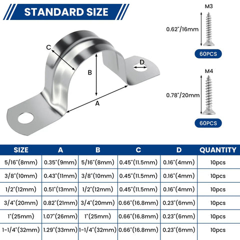 Stainless strap clamp and screw sizes from Rugged Pipe Strap Clamp Kit 60 Pcs With Screws 304 Stainless Two Hole U Brackets