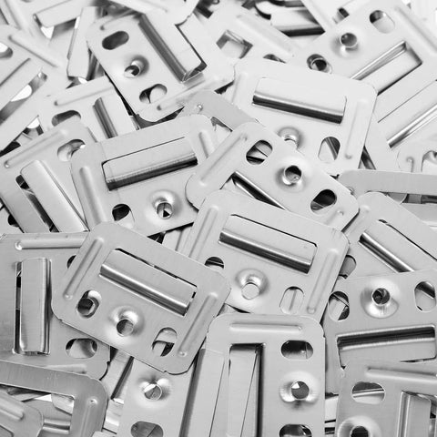 Solid Stainless Steel Wall Panel Connectors For Cabinets And Drywall, Quick Tool Free Setup With Heavy Duty Grip, silver brackets piled together.