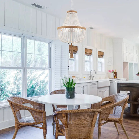 Four Light Wood Beaded Boho Farmhouse Pendant Chandelier With Tassels In White Rustic Bohemia Style in kitchen setting