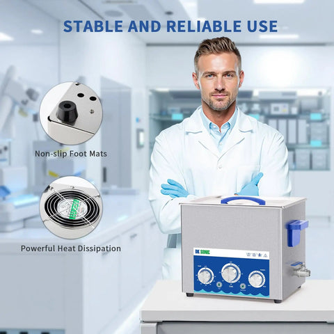 Badass Performance Ultrasonic Cleaner 10 Liter Tank With Adjustable Heat Timer in a lab setting, highlighting non-slip feet and heat dissipation.