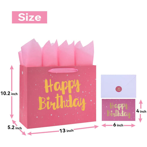 Giant Pink Gift Bag Set With Greeting Card And Tissue Paper Starry Night Design With Hot Foil Happy Birthday Perfect For Women Girls Kids Birthday Parties And Baby Showers 13 By 5.2 By 10.2 Inches 1 Piece