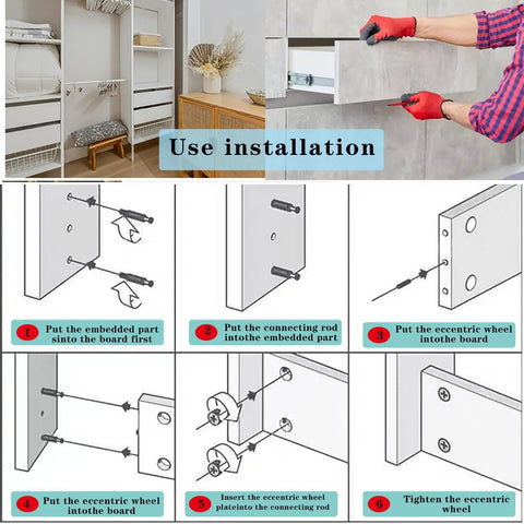 Installation guide illustration for Top Shelf Cam Lock Hardware Kit With 124 Pieces For Cabinet And Drawer Installation.