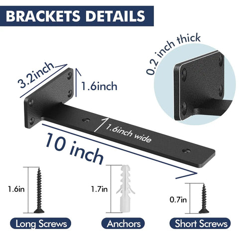 Detailed dimensions of Six Pack Floating Shelf Brackets 10 Inch Built Tough Heavy Duty Industrial Black Metal L Brackets with screws and anchors.
