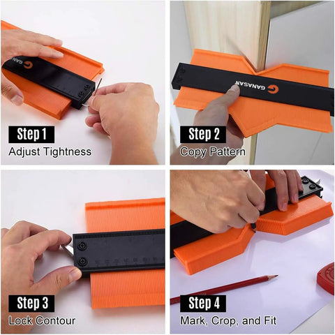Four-step process using Lockable Contour Gauge Ruler Set 10 Plus 5 Inch For Corners And Contoured Surfaces Handyman DIY Woodworking Tool