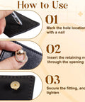 Instructions on using Premium Heavy Duty D Rings And Screws For Purses with step-by-step guide using leather material.
