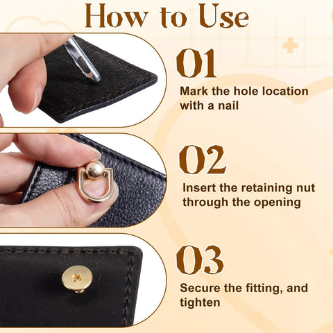 Instructions on using Premium Heavy Duty D Rings And Screws For Purses with step-by-step guide using leather material.