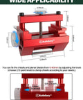 Double-Sided Chisel Sharpening Kit With Diamond Stones, Honing Guide Protractor For Pro Grade Setup in red metal with measurements.