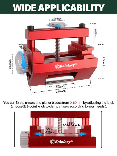 Double-Sided Chisel Sharpening Kit With Diamond Stones, Honing Guide Protractor For Pro Grade Setup in red metal with measurements.