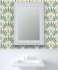 Knockout Modern Geometric Wallpaper With Rock Solid Polyester And Natural Fiber Build Featuring A Slick Linen Finish Pvc Free Heavy Duty Material on bathroom wall with mirror.