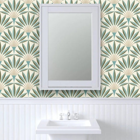 Knockout Modern Geometric Wallpaper With Rock Solid Polyester And Natural Fiber Build Featuring A Slick Linen Finish Pvc Free Heavy Duty Material on bathroom wall with mirror.
