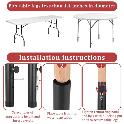 Installation instructions for 4 Pack Adjustable Table Leg Extenders Heavy Duty Steel Chair Risers for various table types.