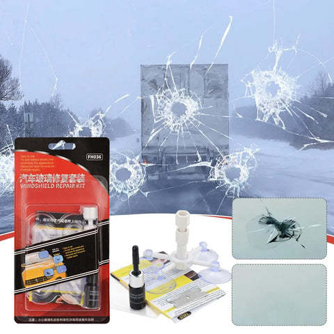 All Vehicles Windshield Chip And Crack Repair Kit For Cars And Trucks Auto Glass Repair Set displayed with tools and cracked glass background.